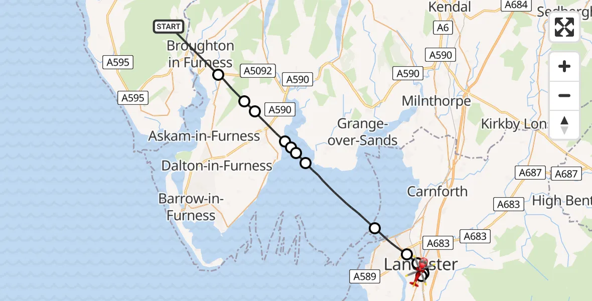 Flight route Air Ambulance Helicopter Millom Without - Aldcliffe, 20 August 2026, 15:16