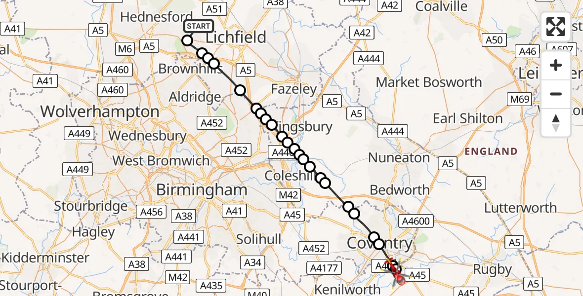 Flight route Air Ambulance Helicopter Lichfield - Coventry Airport, 20 August 2026, 15:16