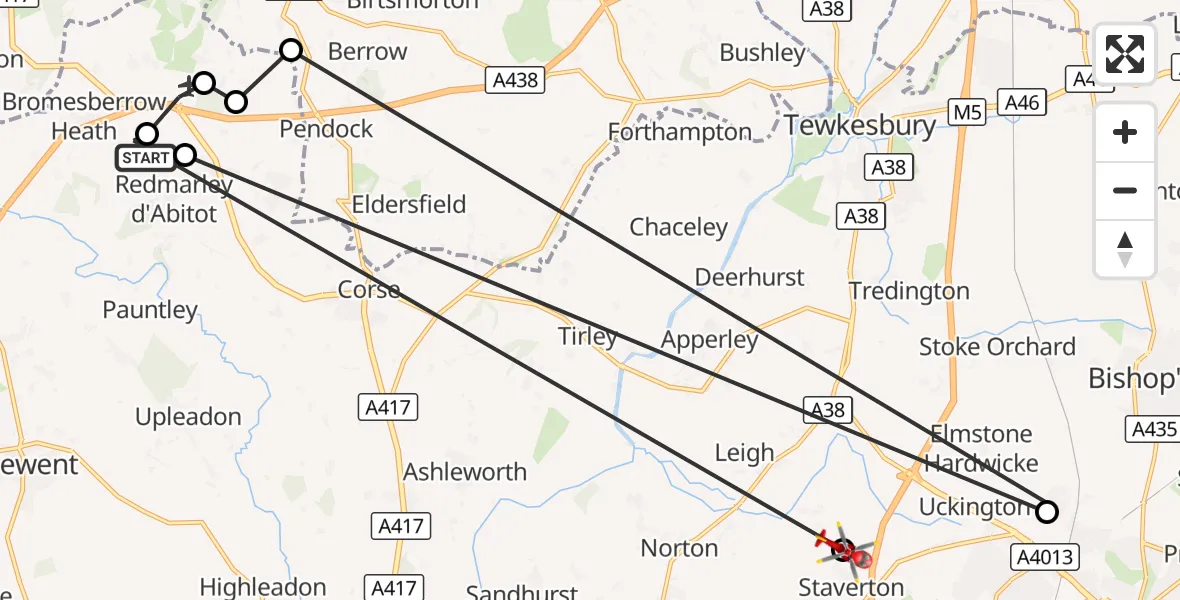 Flight route Air Ambulance Helicopter Bromsberrow - Tewkesbury, 20 August 2026, 15:23
