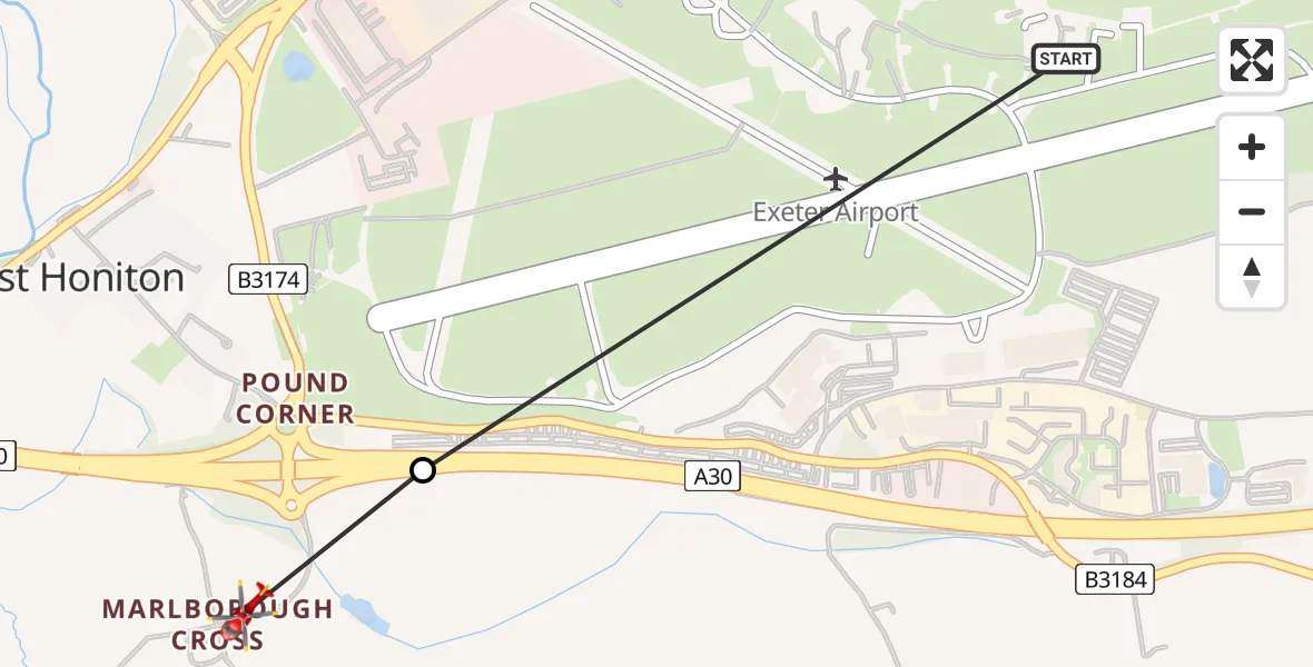 Flight route Air Ambulance Helicopter Exeter International Airport - Clyst Honiton, 20 August 2026, 15:25