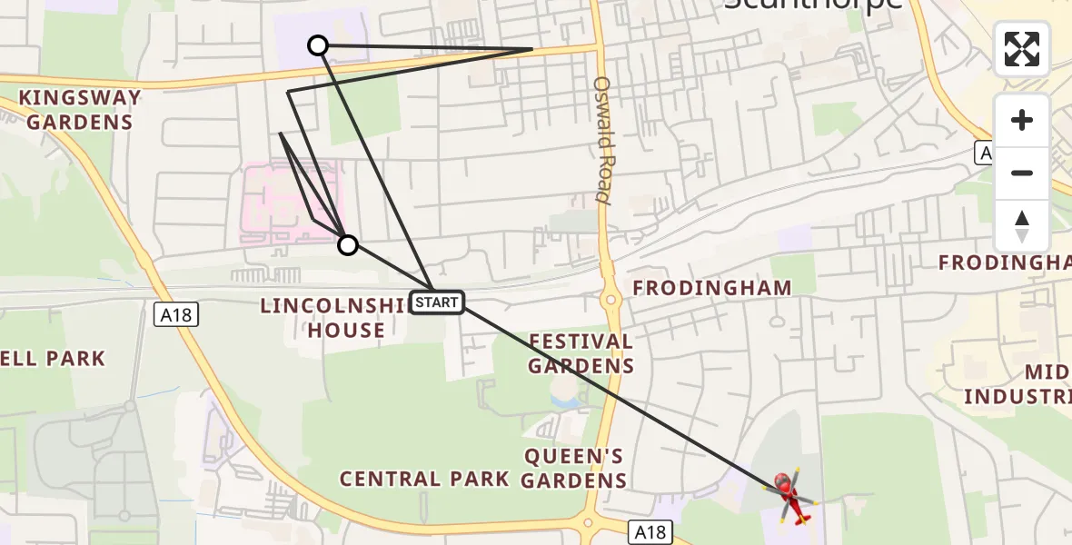Flight route Air Ambulance Helicopter Scunthorpe Hospital - Scunthorpe, 20 August 2026, 15:41