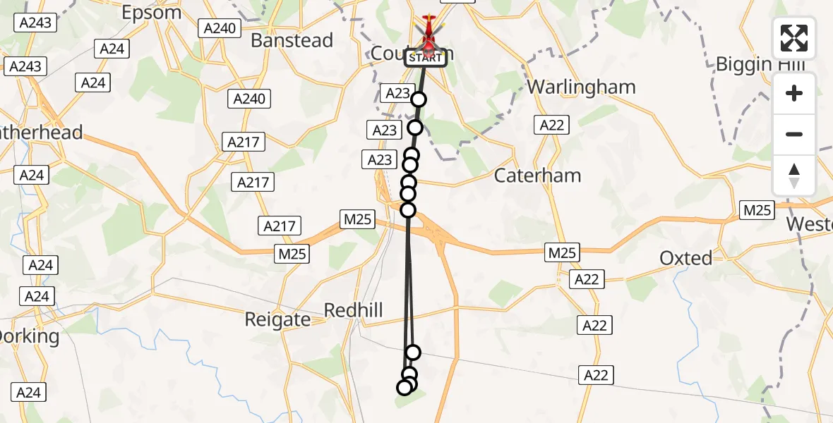 Flight route Air Ambulance Helicopter Coulsdon - Croydon, 20 August 2026, 15:41