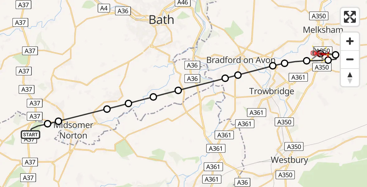 Flight route Air Ambulance Helicopter Ston Easton - Wiltshire Air Ambulance, 20 August 2026, 15:41