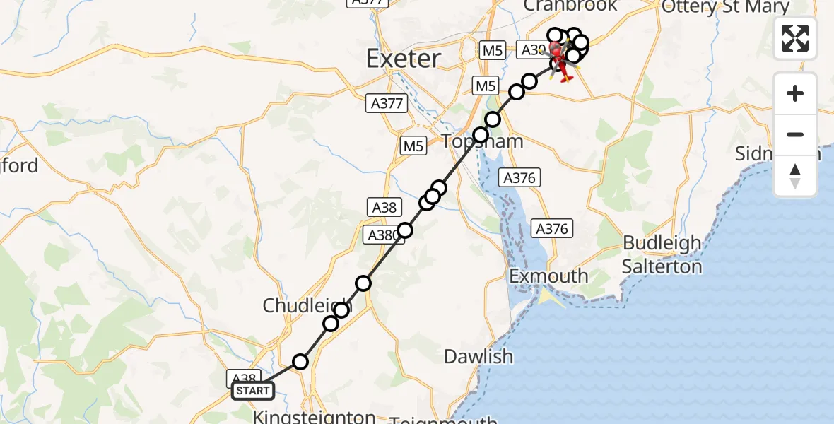 Flight route Air Ambulance Helicopter Heathfield - East Devon, 20 August 2026, 15:42