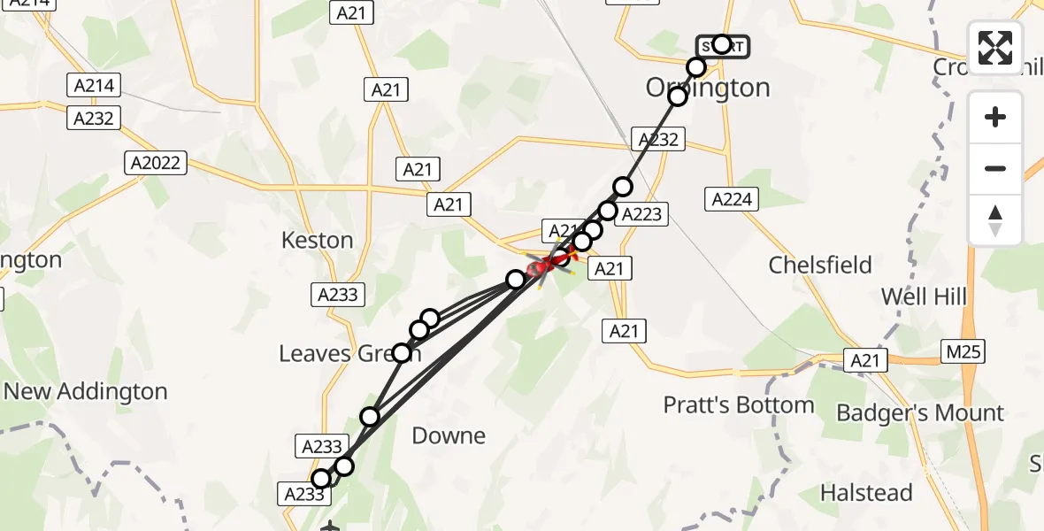 Flight route Air Ambulance Helicopter Poverest - Green Street Green, 20 August 2026, 15:43