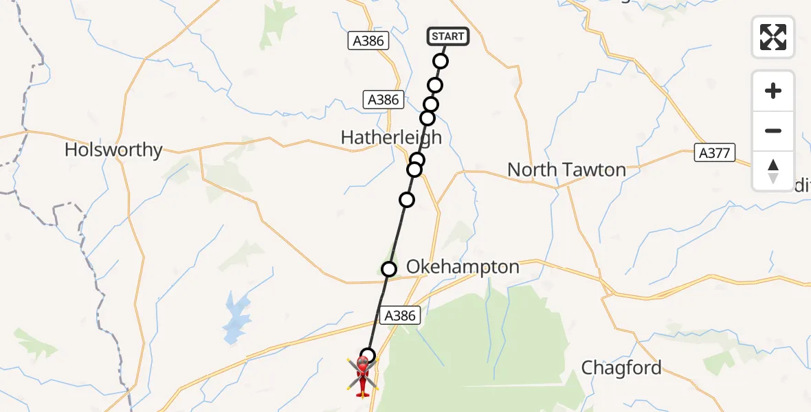 Flight route Air Ambulance Helicopter Dolton - Bridestowe, 20 August 2026, 15:55