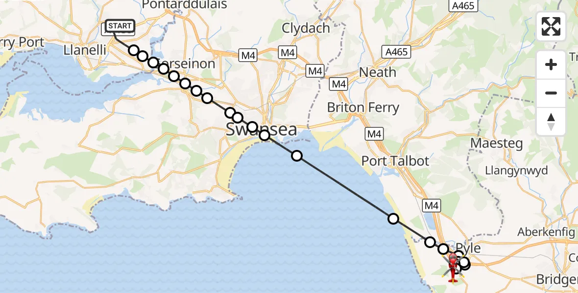 Flight route Air Ambulance Helicopter Dafen - Mawdlam, 20 August 2026, 15:58