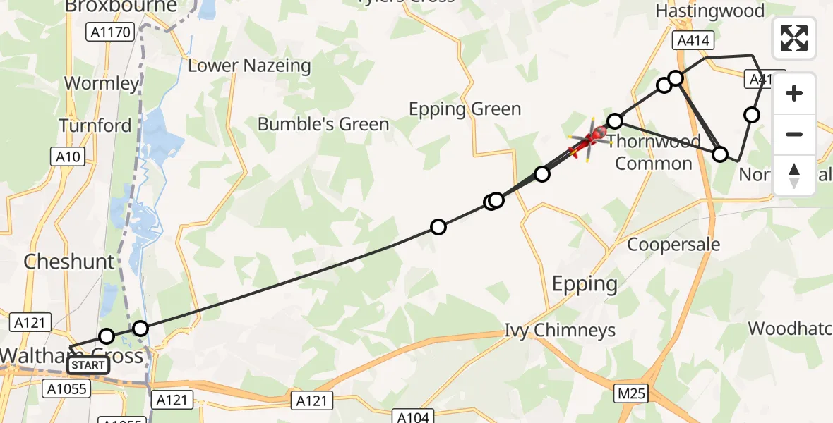 Flight route Air Ambulance Helicopter Waltham Cross - Thornwood Common, 20 August 2026, 15:59