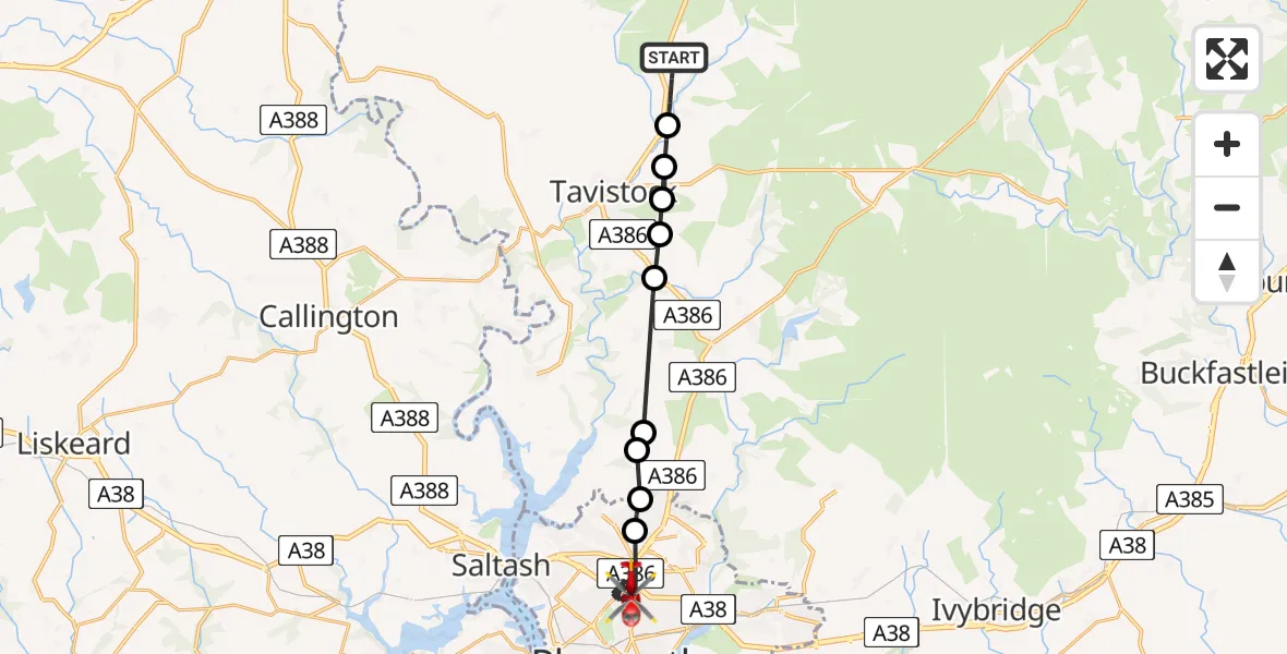 Flight route Air Ambulance Helicopter Mary Tavy - Crownhill, 20 August 2026, 16:03