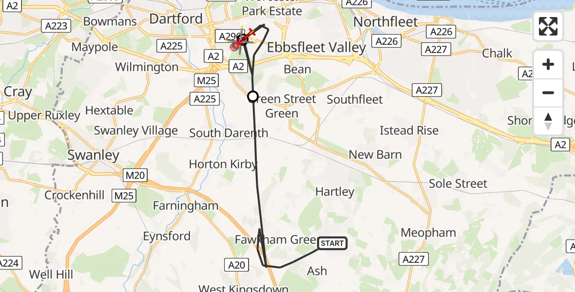 Flight route Air Ambulance Helicopter Sevenoaks - Dartford, 20 August 2026, 16:03