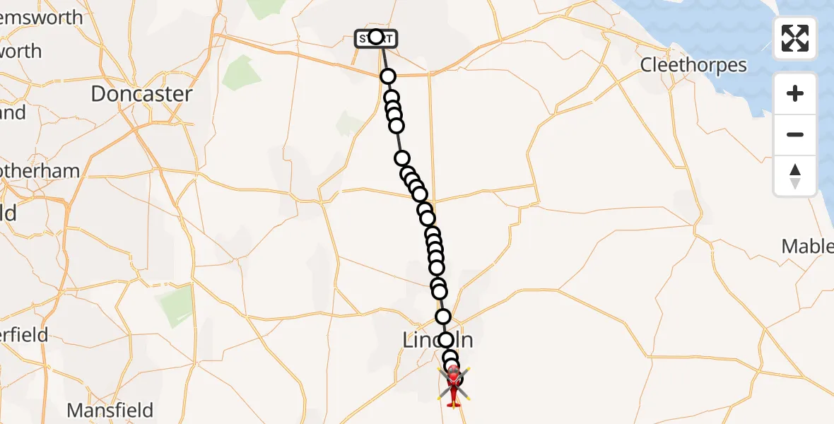 Flight route Air Ambulance Helicopter Scunthorpe Hospital - North Kesteven, 20 August 2026, 16:05