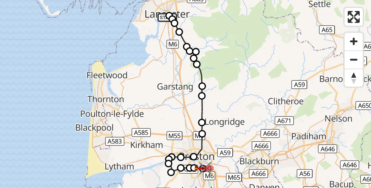 Flight route Air Ambulance Helicopter Lancaster General - Bamber Bridge, 20 August 2026, 16:09