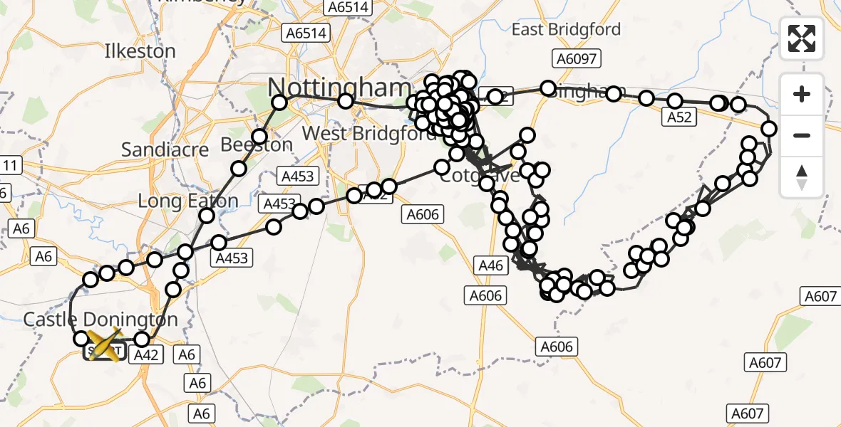 Flight route Police Aircraft East Midlands Airport - East Midlands Airport, 20 August 2026, 16:09