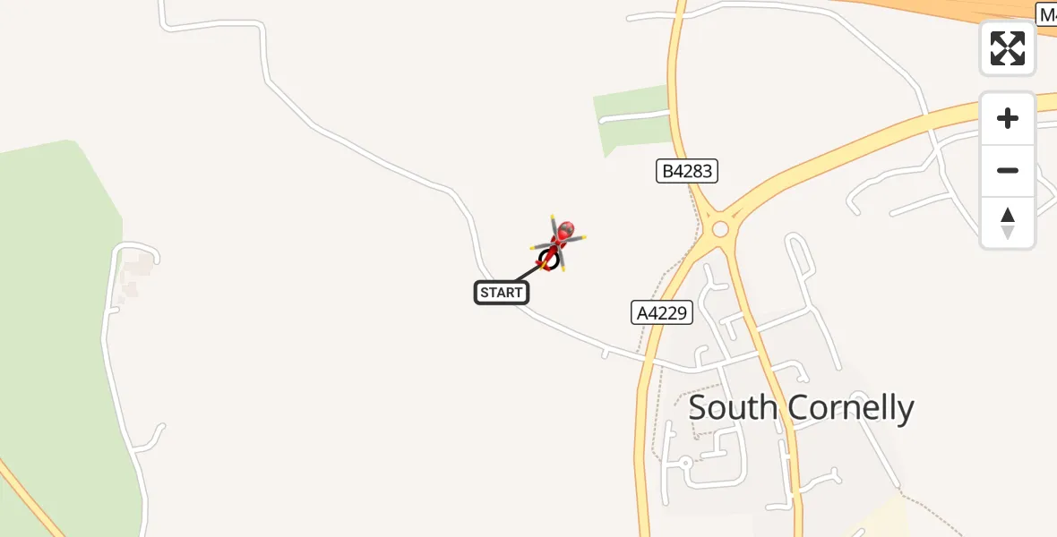 Flight route Air Ambulance Helicopter Mawdlam - South Cornelly, 20 August 2026, 16:14
