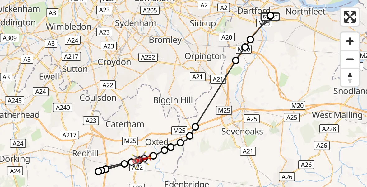 Flight route Air Ambulance Helicopter Darent Valley Hospital - Tandridge, 20 August 2026, 16:18