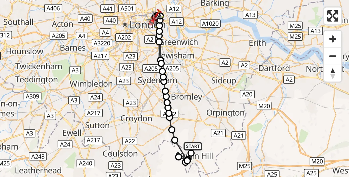 Flight route Air Ambulance Helicopter London Biggin Hill Airport - Royal London Hospital, 20 August 2026, 16:25