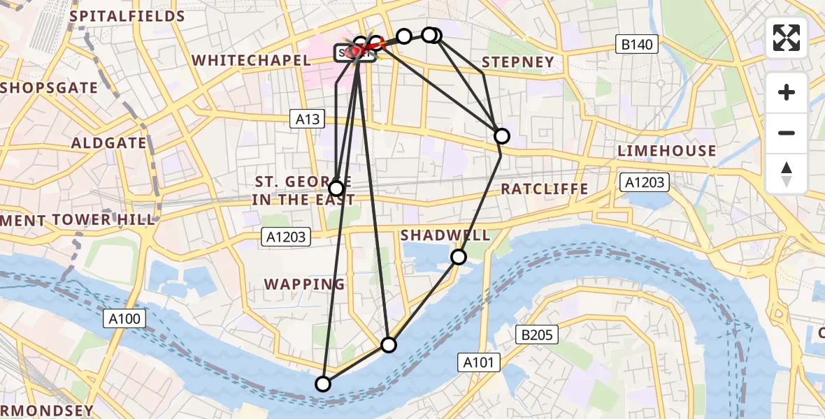 Flight route Air Ambulance Helicopter Royal London Hospital - Royal London Hospital, 20 August 2026, 16:50