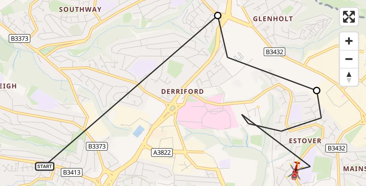 Flight route Air Ambulance Helicopter Crownhill - Estover, 20 August 2026, 16:54