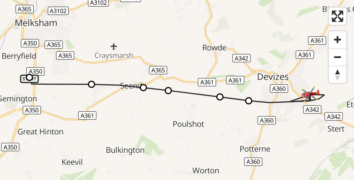 Flight route Air Ambulance Helicopter Wiltshire Air Ambulance - Devizes, 20 August 2026, 17:09