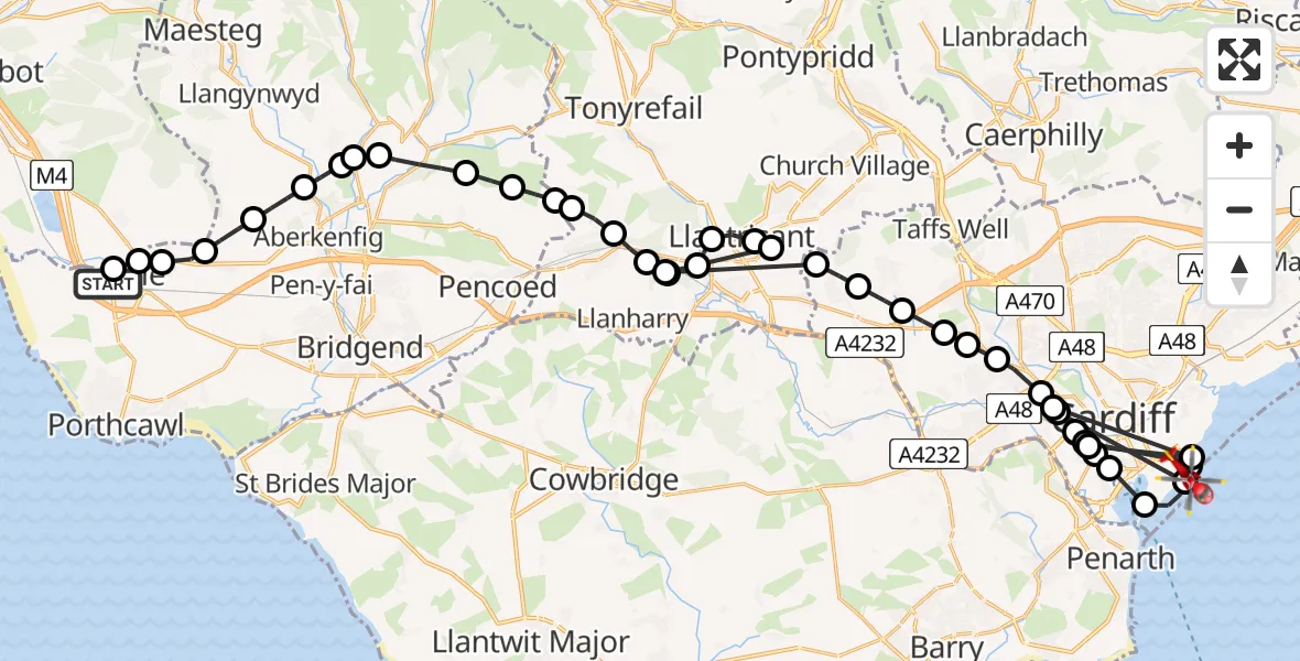 Flight route Air Ambulance Helicopter North Cornelly - Cardiff Heliport, 20 August 2026, 17:22