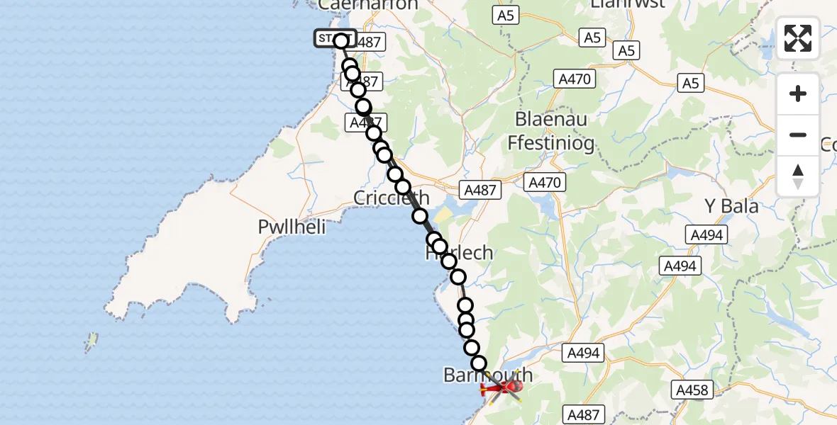 Flight route Air Ambulance Helicopter Caernarfon Airport - Barmouth, 20 August 2026, 17:24