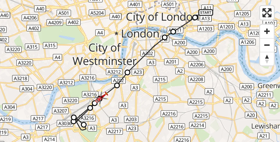 Flight route Air Ambulance Helicopter Royal London Hospital - Lambeth, 20 August 2026, 17:27