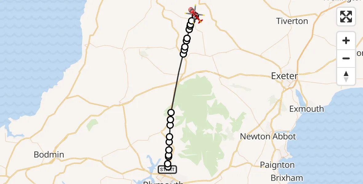 Flight route Air Ambulance Helicopter Derriford - Ashreigney, 20 August 2026, 17:35
