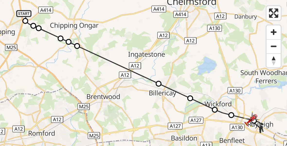 Flight route Air Ambulance Helicopter North Weald Airfield - Rayleigh, 20 August 2026, 17:39
