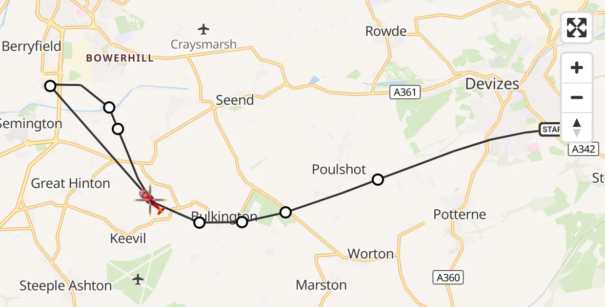 Flight route Air Ambulance Helicopter Devizes - Keevil, 20 August 2026, 17:53