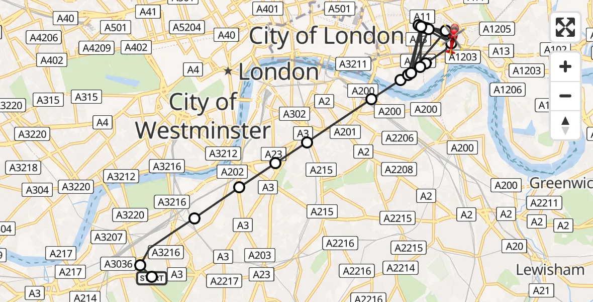 Flight route Air Ambulance Helicopter Clapham Junction - Shadwell, 20 August 2026, 17:55
