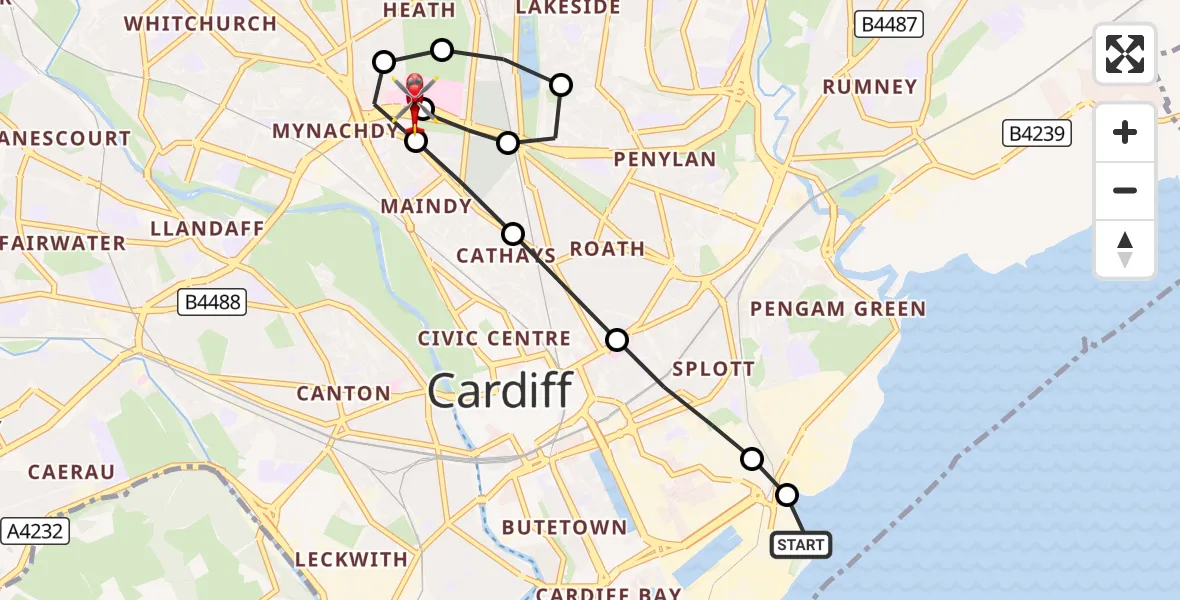 Flight route Air Ambulance Helicopter Cardiff Heliport - Mynachdy, 20 August 2026, 18:09