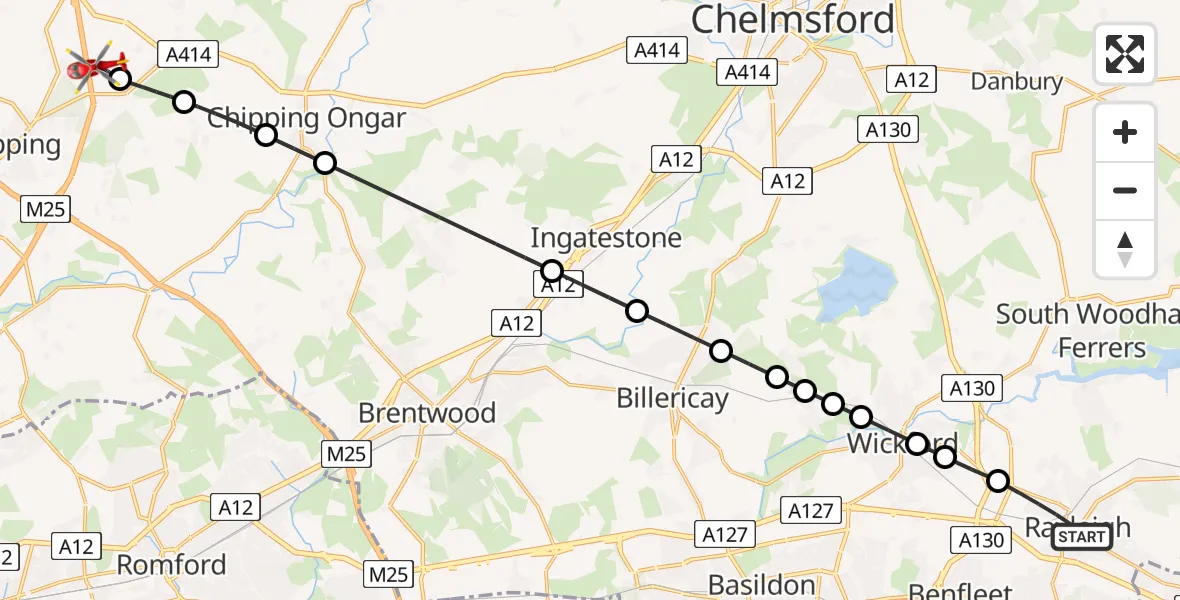Flight route Air Ambulance Helicopter Rayleigh - North Weald Airfield, 20 August 2026, 18:16