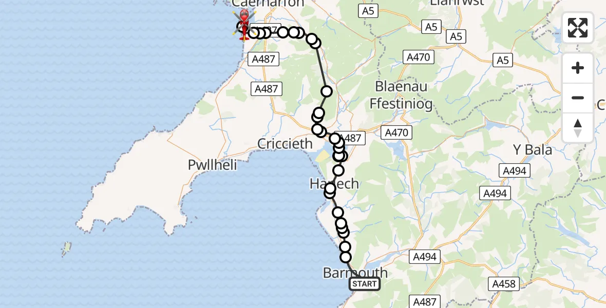Flight route Air Ambulance Helicopter Barmouth - Caernarfon Airport, 20 August 2026, 18:18