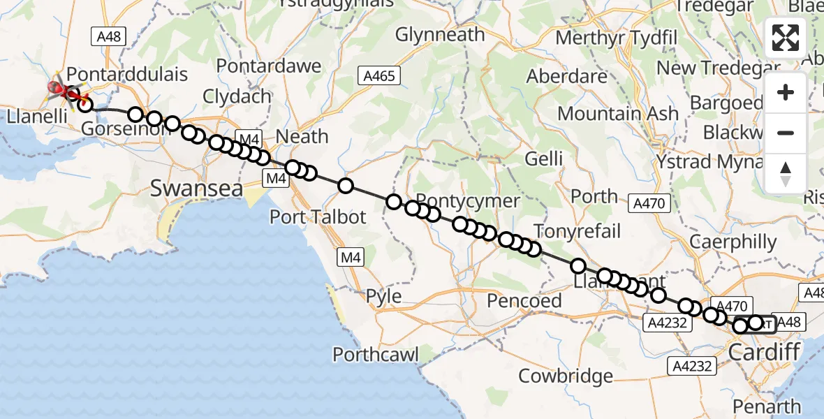 Flight route Air Ambulance Helicopter Birchgrove - Dafen, 20 August 2026, 18:20