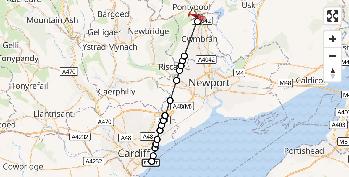 Flight route Air Ambulance Helicopter Cardiff Heliport - Pontypool, 20 August 2026, 18:22