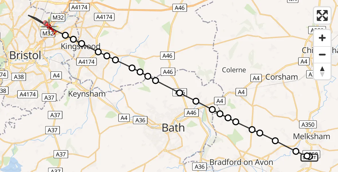 Flight route Air Ambulance Helicopter Wiltshire Air Ambulance - Bristol, 20 August 2026, 18:43
