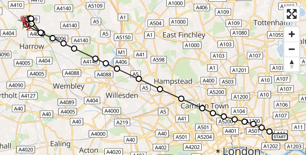 Flight route Air Ambulance Helicopter Royal London Hospital - Wealdstone, 20 August 2026, 18:53