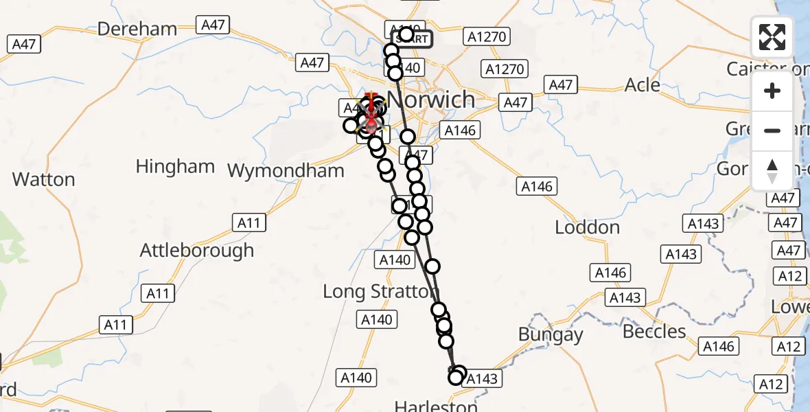 Flight route Air Ambulance Helicopter Norwich Airport - Norfolk & Norwich Hospital, 20 August 2026, 19:05
