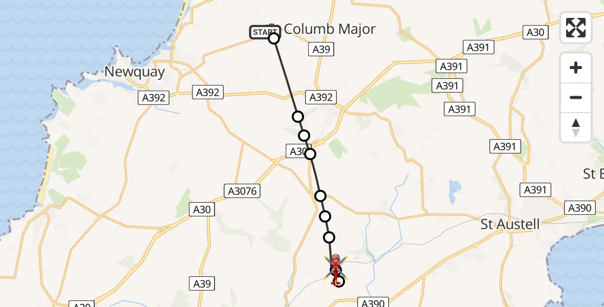 Flight route Air Ambulance Helicopter Cornwall Airport Newquay - Grampound Road, 20 August 2026, 19:11