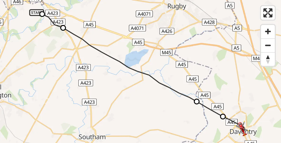 Flight route Air Ambulance Helicopter Coventry Airport - Daventry, 20 August 2026, 19:11
