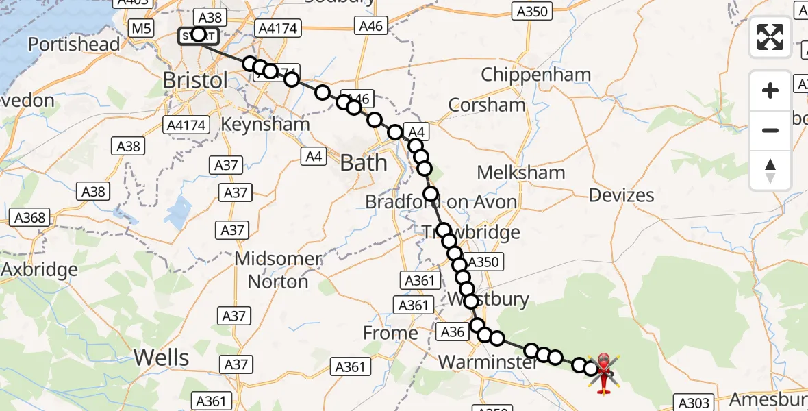 Flight route Air Ambulance Helicopter Southmead Hospital - Chitterne, 20 August 2026, 19:17
