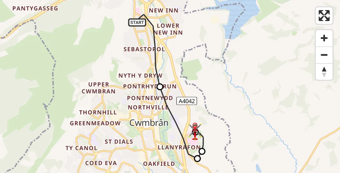 Flight route Air Ambulance Helicopter Pontypool - Grange University Hospital Heliport, 20 August 2026, 19:24