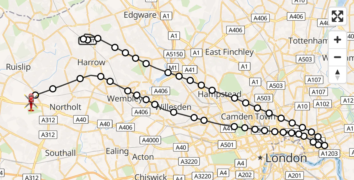 Flight route Air Ambulance Helicopter Harrow Weald - RAF Northolt, 20 August 2026, 19:34