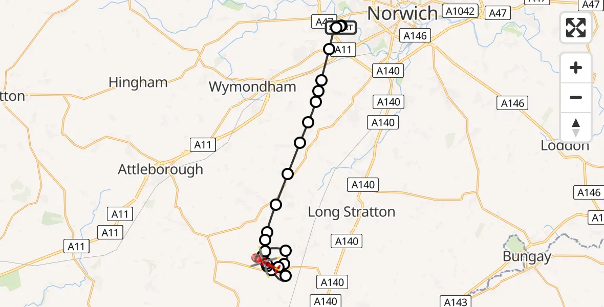 Flight route Air Ambulance Helicopter Norfolk & Norwich Hospital - Priory Farm Airstrip, 20 August 2026, 19:36