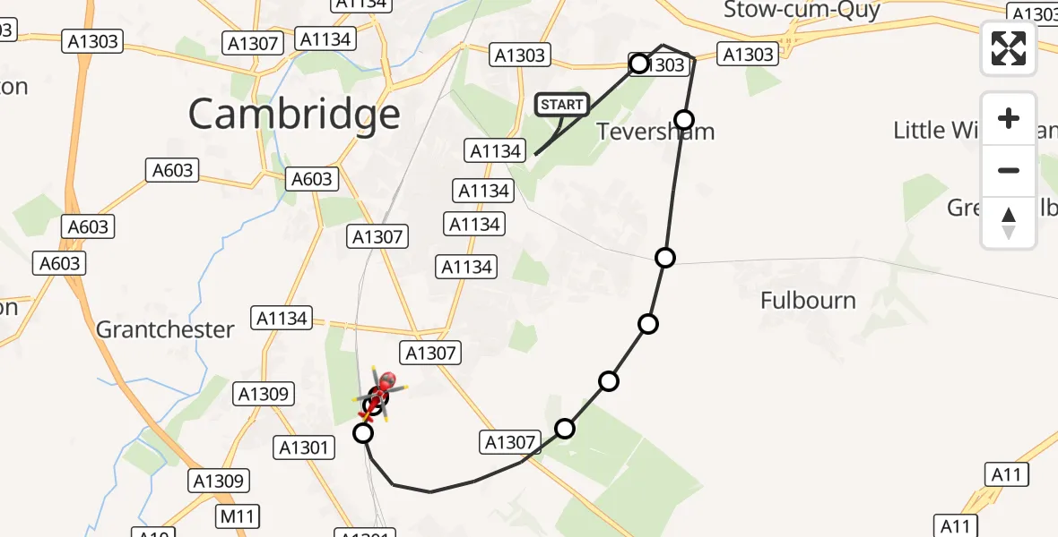 Flight route Air Ambulance Helicopter Cambridge City Airport - Addenbrooke's Hospital Helipad, 20 August 2026, 19:43