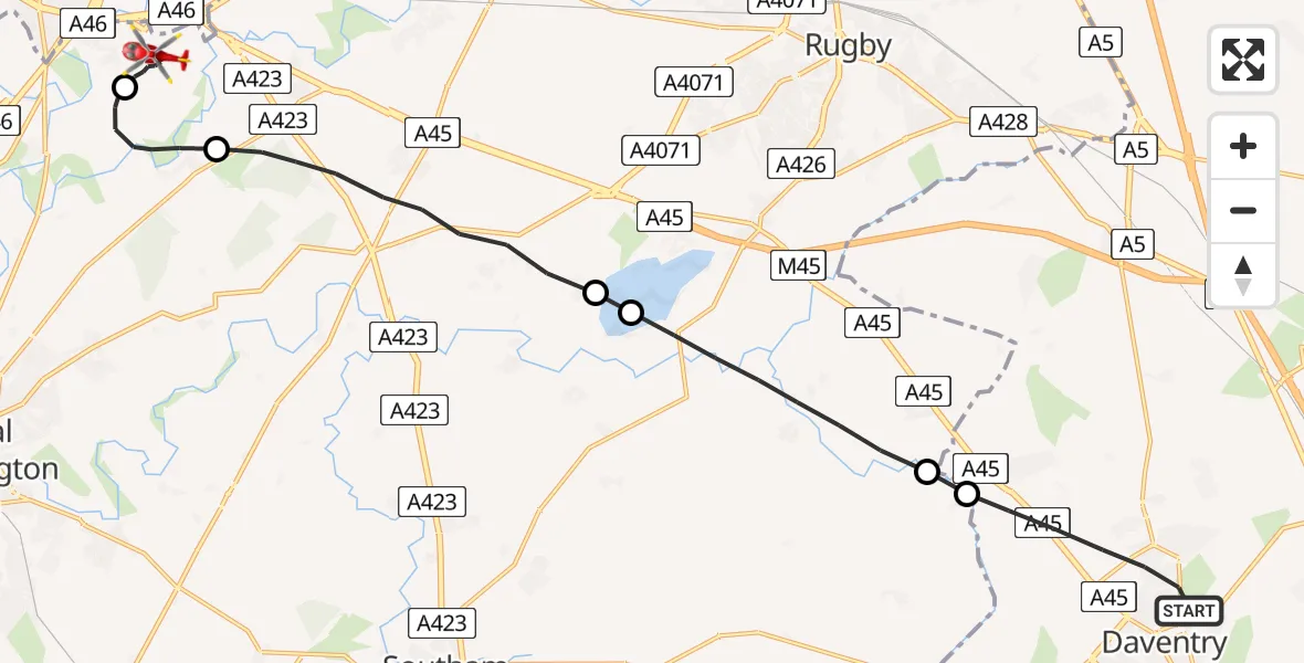 Flight route Air Ambulance Helicopter Daventry - Coventry Airport, 20 August 2026, 19:46