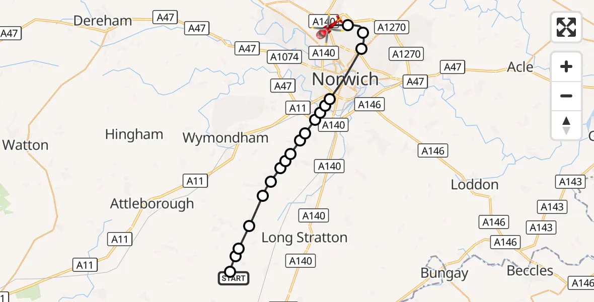 Flight route Air Ambulance Helicopter Priory Farm Airstrip - Norwich Airport, 20 August 2026, 19:56