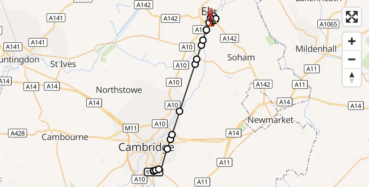 Flight route Air Ambulance Helicopter Papworth Hospital - Ely, 20 August 2026, 20:00