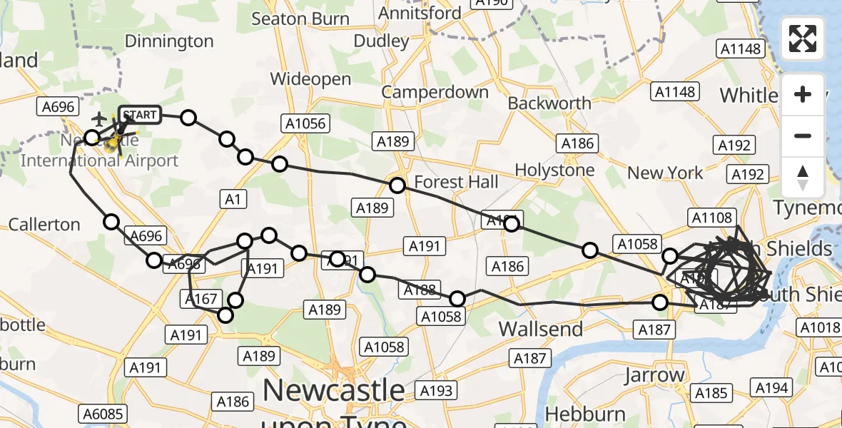 Flight route Police Helicopter Newcastle International Airport - Newcastle International Airport, 20 August 2026, 20:02