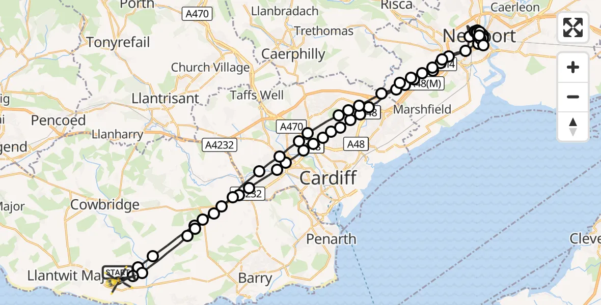 Flight route Police Helicopter MOD St Athan - MOD St Athan, 20 August 2026, 20:04